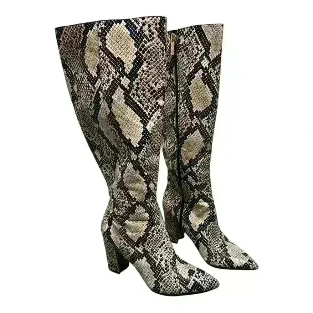 GUESS Snakeskin Knee-High Boots, Pointed Toe, 3" Block Heel – Size 6